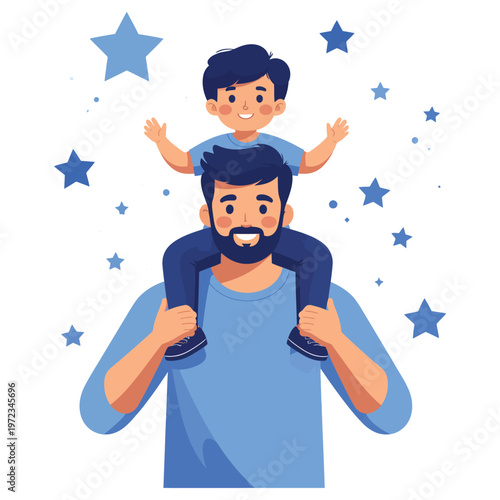 Playful Father Carrying Child on Shoulders Flat Vector Illustration Blue Tone