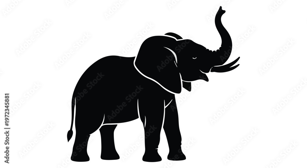 Obraz premium Black silhouette of an elephant with trunk raised isolated on white background.