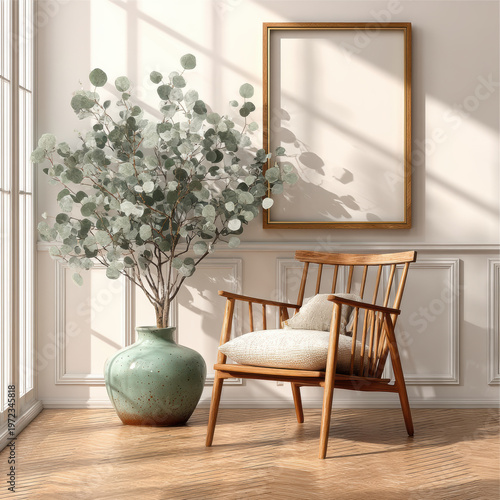 Minimalist interior mockup with wooden chair, green vase, eucalyptus plant, empty frame, sunlight, and elegant wall paneling