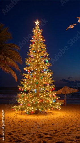 Decorated evergreen tree at the beach, illuminated with colorful lights.