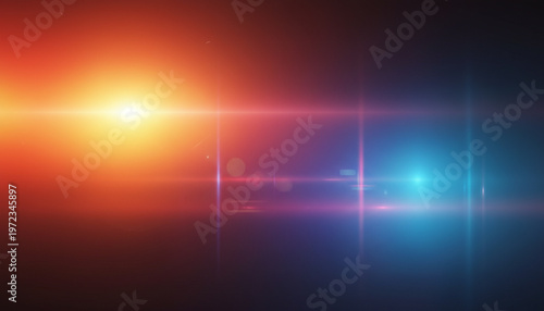 Photography Vibrant colorful light beams and lens flares on dark background with bright oran