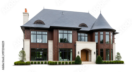 A large luxurious house with a gray roof and brown walls against a black background