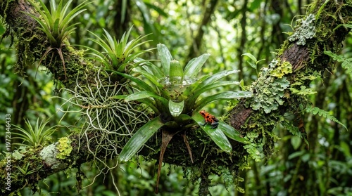 A tropical rainforest epiphyte community clinging to a single mossy tree branch, bromeliads forming water-collecting cups filled with clear rainwater hosting tiny aquatic