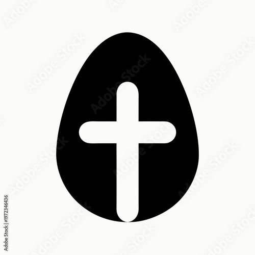 Christian Easter egg icon with religious cross, black silhouette egg vector illustration, spiritual holiday symbol for church graphics
