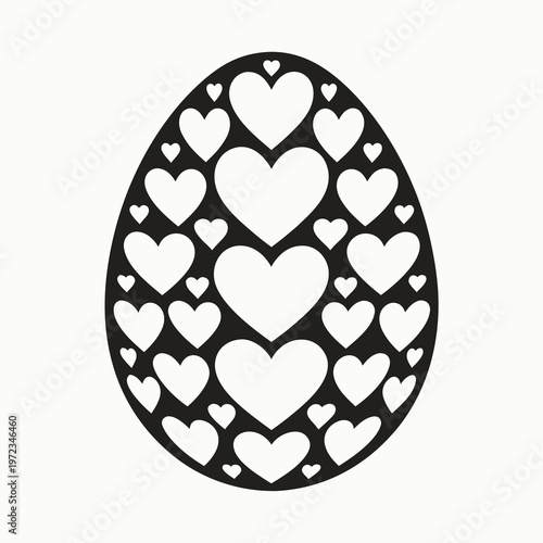 Decorative Easter egg vector with heart patterns, black and white holiday silhouette, romantic heart shaped egg ornament for laser cutting