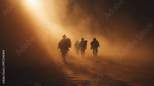 Silhouetted soldiers walking through haze under a beam of sunlight