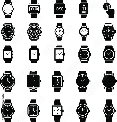 Collection of 25 different watch icons, top view and side view, black icons on white background
