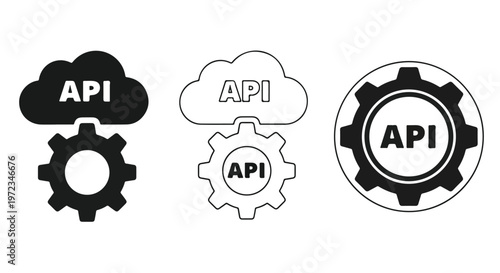 Application programming interface icons representing cloud integration and software development processes with gears