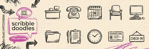 Black ink scribble minimalist cinema movie film icon set hand drawn doodle video theater production illustrations on pure white background