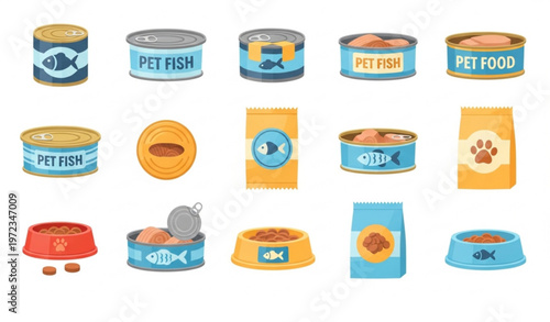 Pet food vector set with canned fish cat food tins and pet product icons