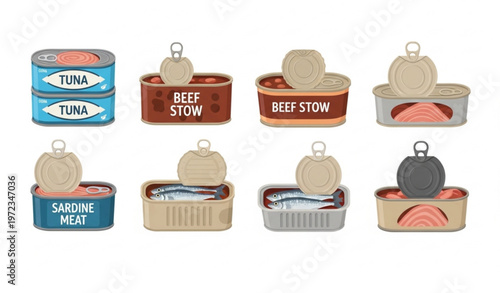 Pet food vector bundle with canned fish cat food tins and pet feeding icons