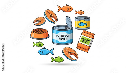 Canned fish pet food icon collection with cat food tins and feeding products vector