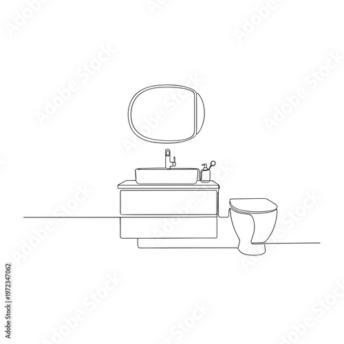 Modern bathroom vanity with mirror and toilet line drawing