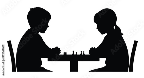 Two children kids playing chess game sitting at table in silhouette illustration for strategy and education concept