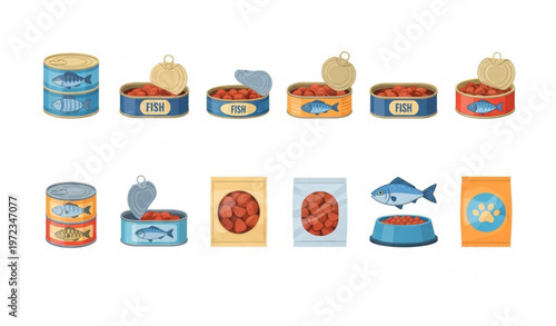 Canned meat and fish vector bundle with camping food tuna beef stew containers