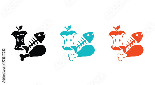 Three colorful icons representing food waste, including apple cores, fish skeletons, and chicken legs, on a white