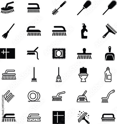 Household and professional cleaning tools icons set for daily chores with toilet brush