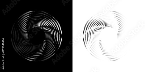 Modern abstract background. Halftone dots in circle form. Spiral logo, icon or design element. Black dots on a white background and white dots on the black side.