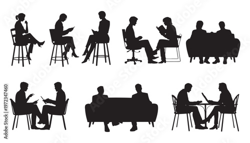 Silhouettes of people sitting for business meetings, interviews and discussions