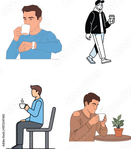 Man drinking coffee checking watch waiting for time in cafe