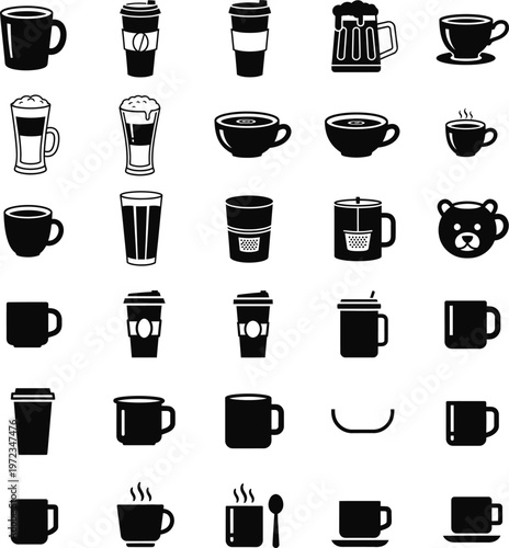 Assortment of coffee and tea cup icons featuring various styles and hot beverages with hot drink