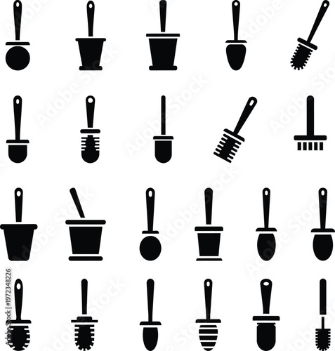 Set of black icons representing toilet brushes and holders with toilet brush with cleaning brush