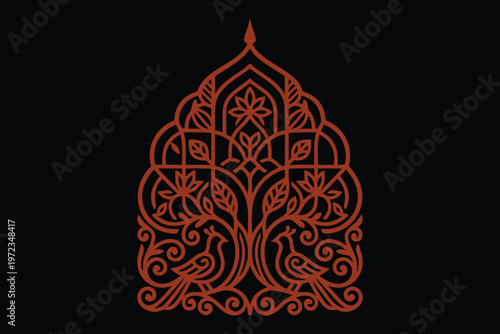 "Intricate Red Arabesque Arch Floral Motif on Black Background — Mughal Ornamental Mandala, Persian Heritage Engraving and Sacred Geometry Artistry Concept"
