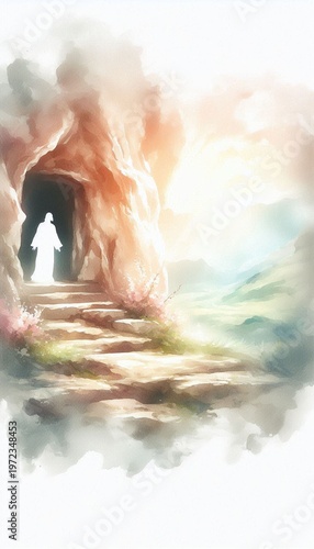 watercolor gospel scene of the savior rising from death