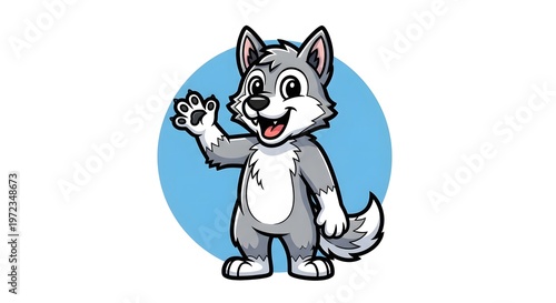 A cartoon wolf character waving in a blue circle on a white background