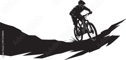 Mountain biking, extreme sports, cyclist silhouette, downhill racing, black icon isolated PNG with Transparent Background