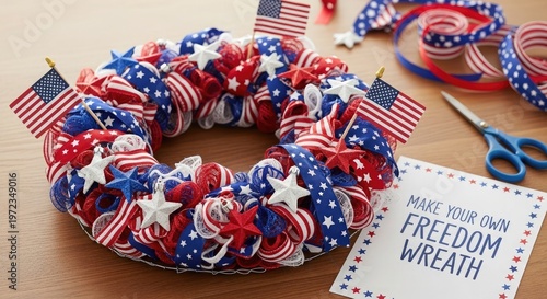 Handmade red, white, and blue patriotic wreath with american flags and craft sup