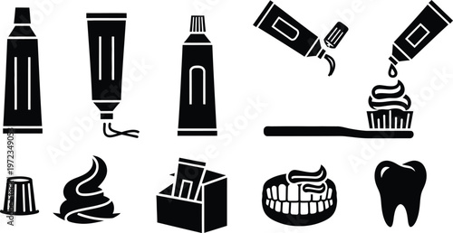 Toothpaste tube and dental hygiene icons with oral care with personal care with black and white