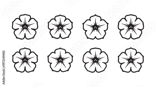 Eight Black Outline Flowers Arranged in Rows on White Background