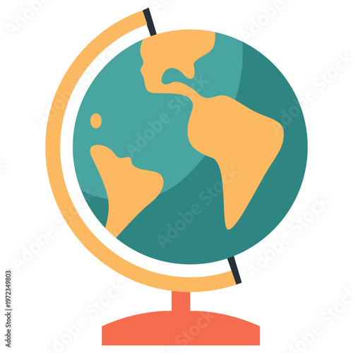 Globe on stand, retro geography tool, vintage education, classic world map, colorful illustration, school supply, nostalgic icon.
