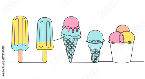 Colorful ice cream treats arranged on a white surface with popsicles and cones