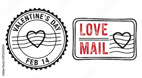 Valentine's Day love mail heart stamps are shown on postal envelopes.