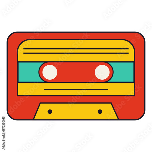 Retro cassette tape, vintage music media, classic audio format, colorful icon, eighties nostalgia, analog.