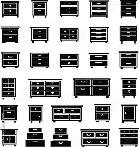 Collection of dresser and drawer unit icons with chest of drawers with storage unit with side table