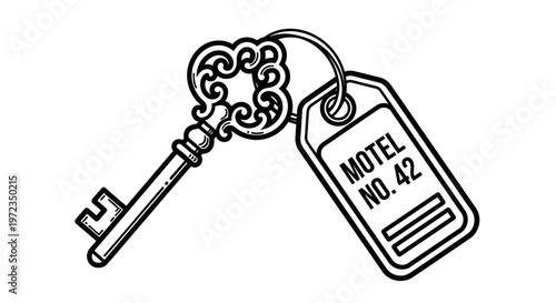 A vintage-style key with a decorative head and a motel room key tag hangs from a metal ring on a white background.
