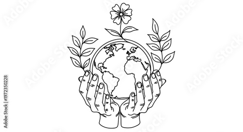 Hands cradling a globe with leaves and a flower emerging from it globally