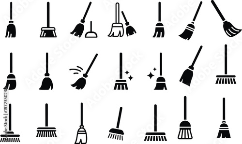 Assortment of broom and brush icons for cleaning with synthetic bristles with scrub brush
