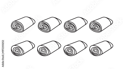 Eight Rolled Towels Lined Up Isolated on White Background Simple Line Art Vector