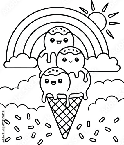 Happy young girl riding skateboard outdoor coloring book page for kids cad drawing flat vector illustration, isolated on white background