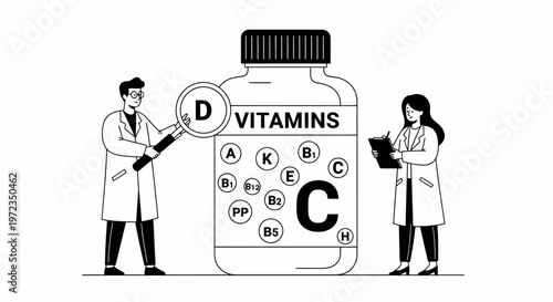 Two scientists examine a large vitamins bottle with magnifying glass and clipboard indoors