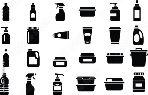 фотографія Diverse collection of black silhouette vector icons representing various plastic