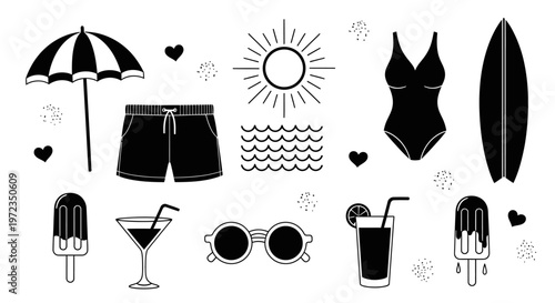 Beach scene with umbrella, swimwear, and summer accessories on sunny day
