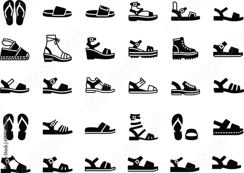 Assortment of black silhouette vector icons depicting various types of footwear including sandals