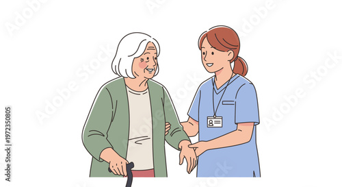 Nurse assists elderly woman with walking using cane indoors with care