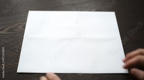 Hand holding white paper on table.