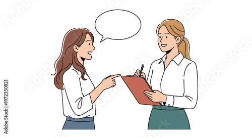 Two businesswomen discuss and share clipboard documents in office